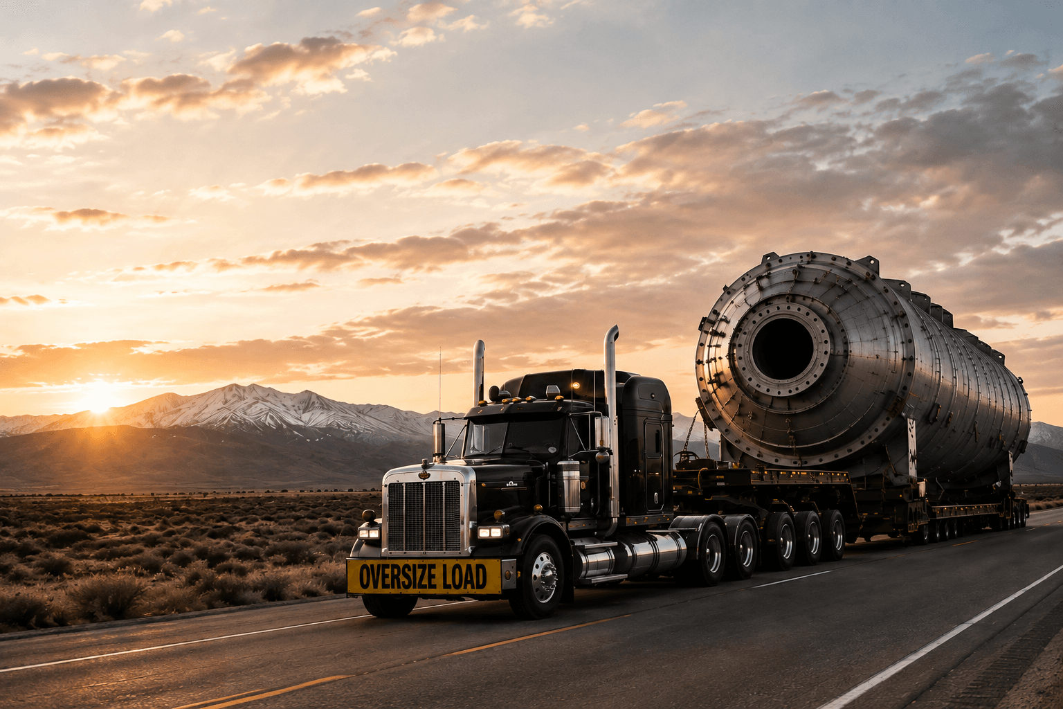 AKM Transportation heavy haul truck transporting an oversized industrial load
